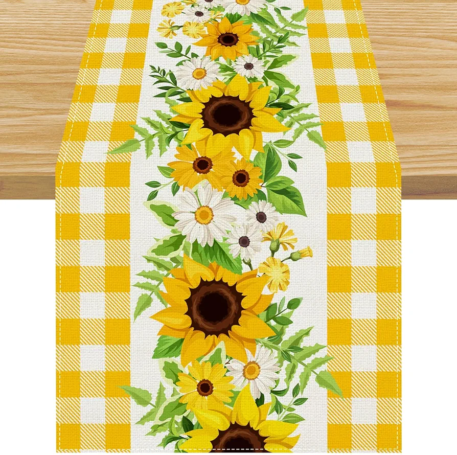 Linen Sunflower Table Runner Farmhouse Sunshine 72 Inches Long Farmhouse Spring Summer Autumn Fall Home Kitchen Dinging Room Table Decoration 13x72 Inch