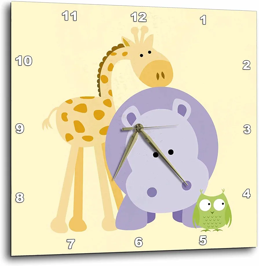 3dRose Giraffe, Hippo and Owl Yellow. Kids Room Decoration-Wall Clock, 13 by 13" (DPP_212040_2)