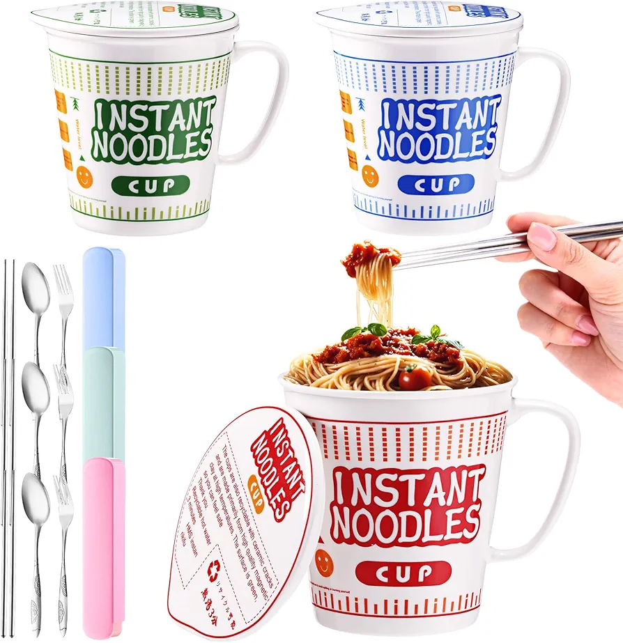 6 Pcs Japanese Ramen Bowl Set Includes 3 Pcs Instant Noodle Bowl with Lid Microwave Ramen Noodles Cup Holder 3 Pcs Silverware Set Flatware Sets for Home Office College Dorm Room (24 oz)