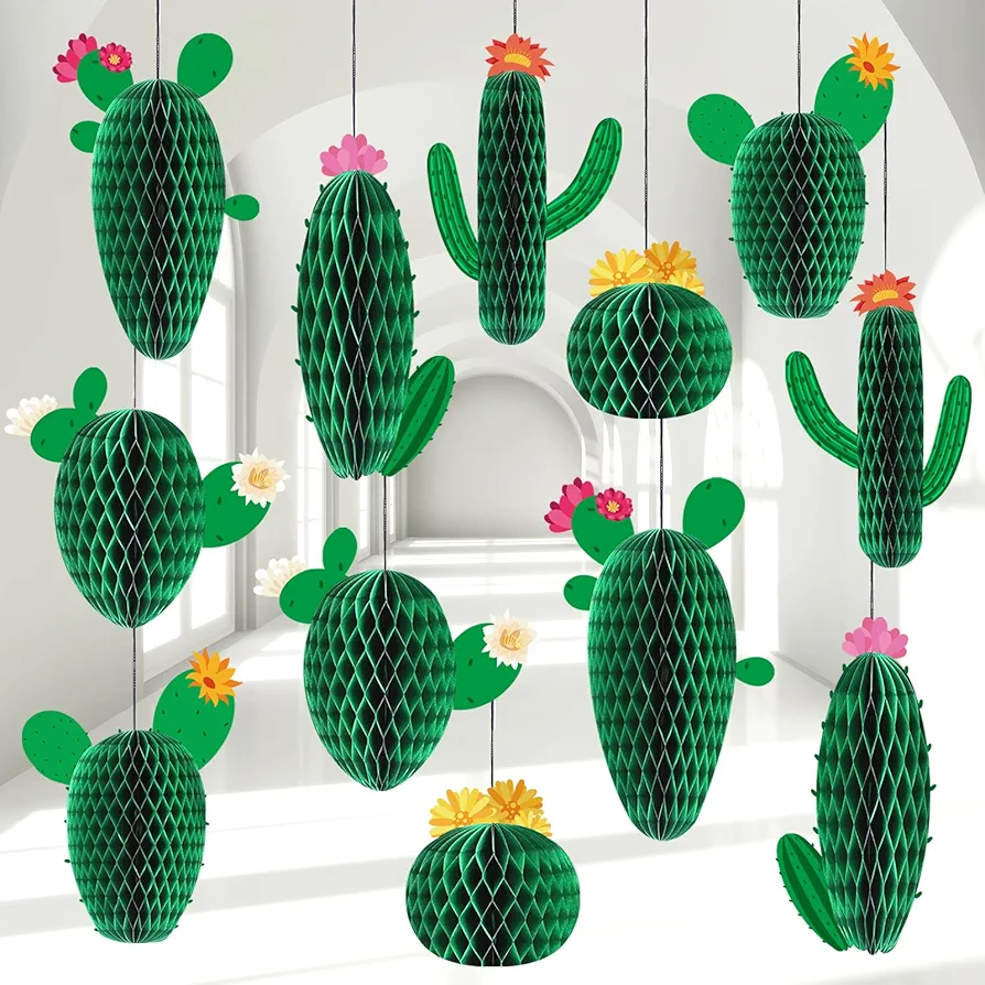 12PCS Cactus Honeycomb Balls Centerpieces for Tables Hanging Pendants Summer Cactus Party Decorations Supplies for Classroom Birthday Baby Shower Fiesta Cinco De Mayo Mexican Theme Party Favor