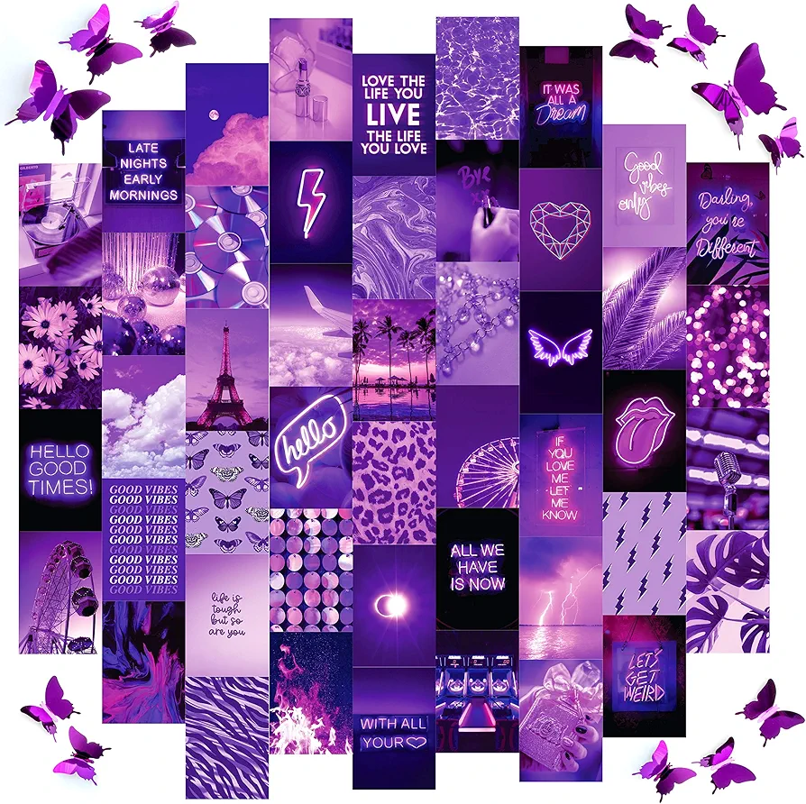 Artivo Purple Wall Collage Kit Aesthetic Pictures, 50 Set 4x6 Butterflies, Purple Black Aesthetic Pictures for Wall Decor, Posters for Room Aesthetic, Girls Room Decor, Cute Wall Decor for Teens