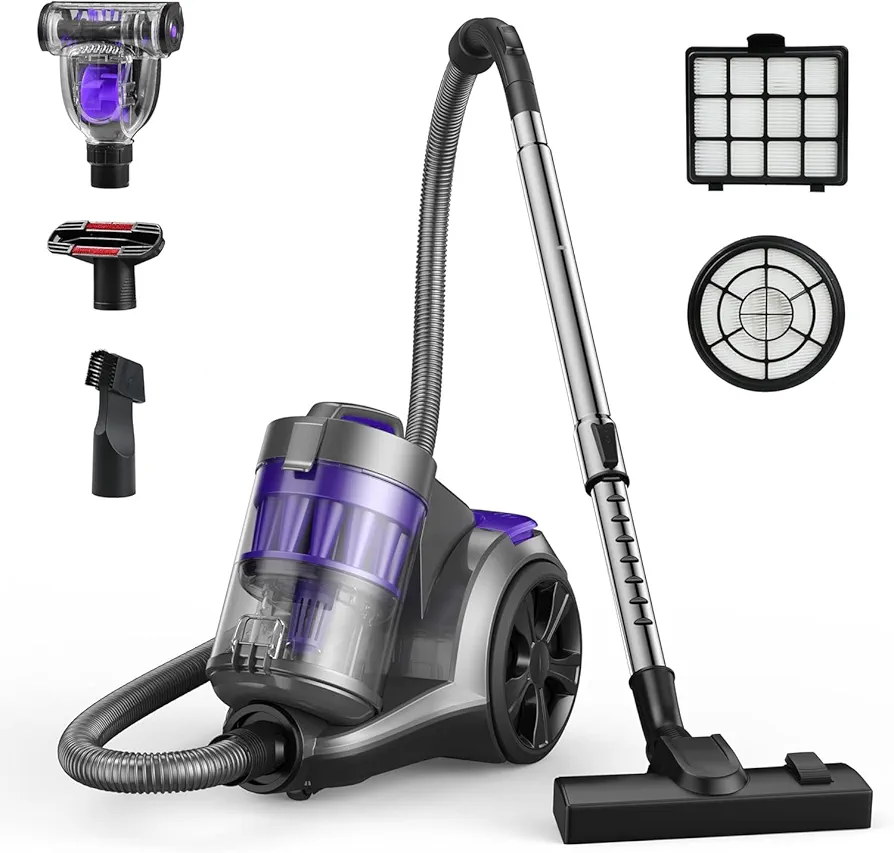 Aspiron Canister Vacuum Cleaner, 1400W Bagless Vacuum Cleaner, Multi-Cyclonic Filtration, 2 Anti-Allergen HEPA Filters, 3.5QT Dust Cup, 4 Tools, Corded Vacuum for Hard Floors, Carpets, Pet Hair