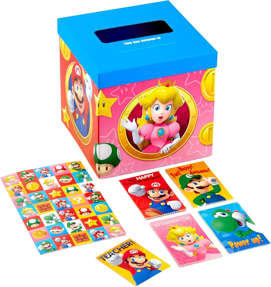 Hallmark Super Mario Bros Valentines Day Cards and Mailbox for Kids School Classroom Exchange (1 Box, 32 Valentine Cards, 35 Stickers, 1 Teacher Card)