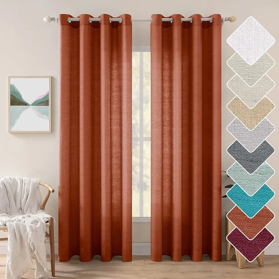 MIULEE Burnt Orange Faux Linen Semi Sheer Curtains 2 Panels for Living Room Bedroom Textured Light Filtering Privacy Window Curtains Terracotta Grommet Drapes Rust Boho Fall Decor W 52 x L 84 inches