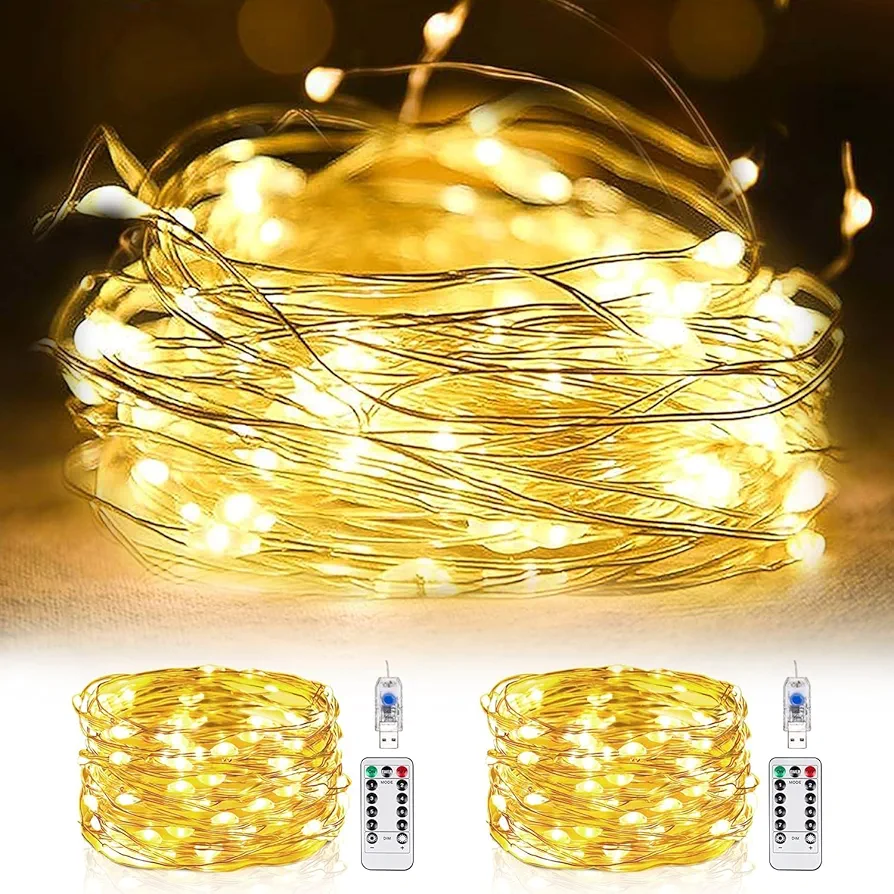 Fairy Lights Plug in,2 Pack Total 66ft 200 LED Indoor String Lights,USB Twinkle Lights with Remote and Timer Waterproof 8 Modes Starry Lights DIY Wedding Christmas Decoration Warm White