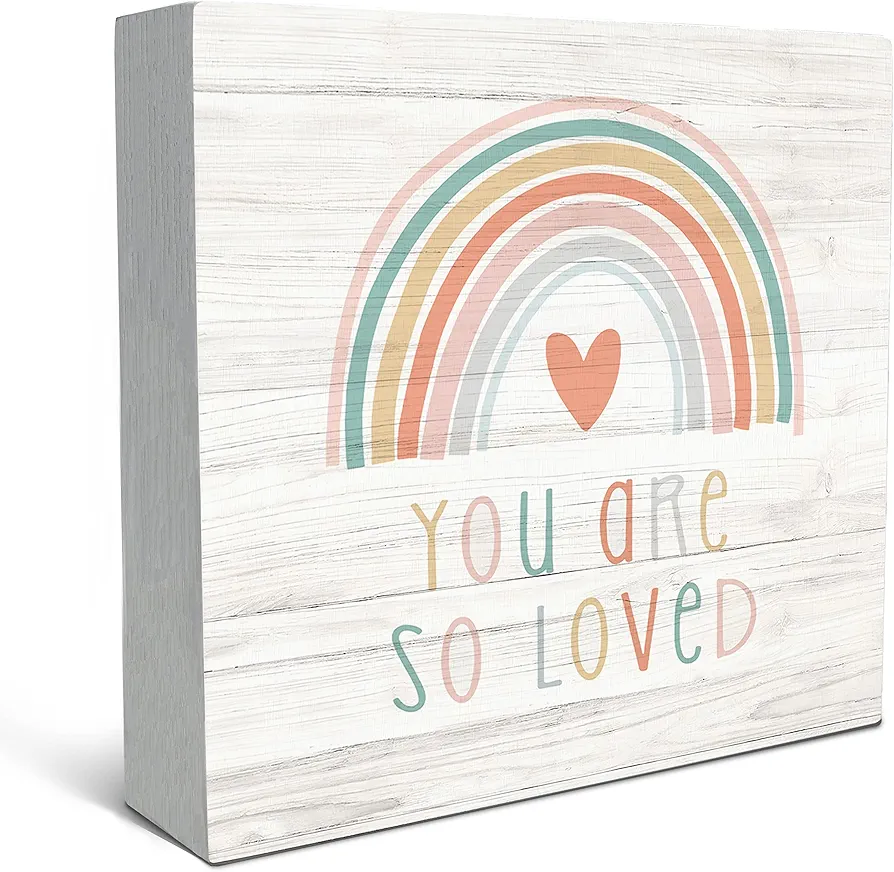 You are So Loved Rainbow Heart Wood Box Sign Desk Decor，Kids Inspirational Quotes Wooden Block Box Sign Decoration For Kids Room Nursery Playroom Shelf Table Decor