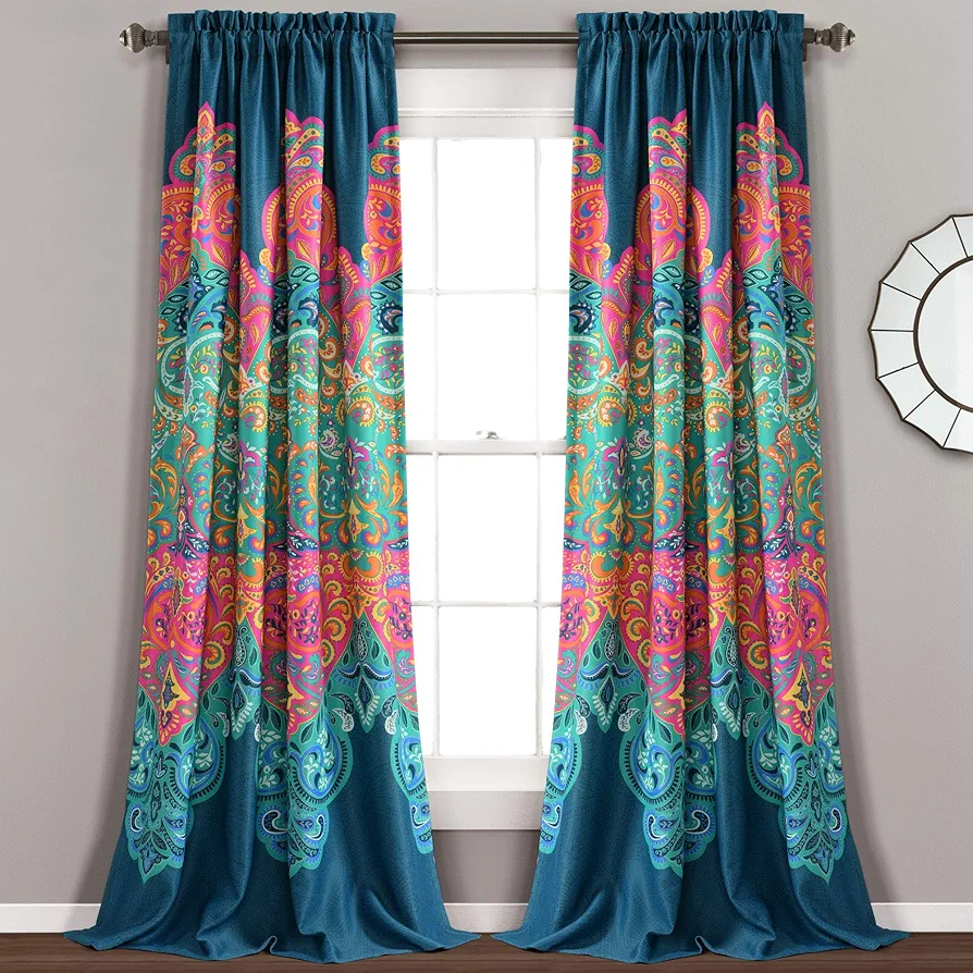 Lush Decor Boho Chic Light Filtering Window Curtain Panel Pair, 84" x 52" + 2" Header, Turquoise and Navy, 84 in x 52 in, Turquoise & Navy