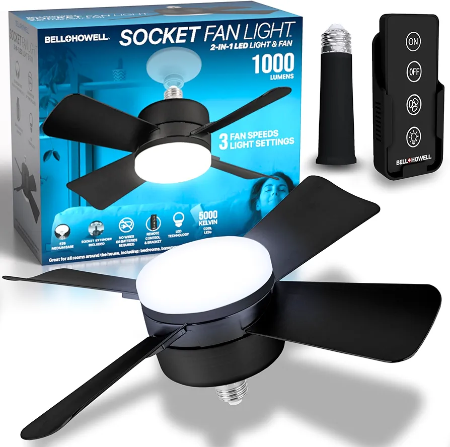 Bell+Howell Socket Fan Cool Light Deluxe Black – Ceiling Fans with LED Lights and Remote Control, Replacement for Lightbulb - Bedroom, Kitchen, Living Room,1000 Lumens / 5000 Kelvins