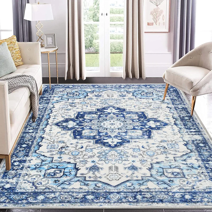 GlowSol Washable Area Rug 9x12 Boho Floral Non-Slip Rugs Vintage Low Pile Carpet Medallion Rugs for Living Room Bedroom Dining Room Office,9x12