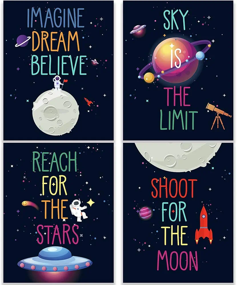 Ihopes Kids Space Posters Decor Wall Art Prints | Set of Four 8x10 Unframed | Inspirational Kids Bedroom Nursery Room Playroom Posters Decorations | Perfect for Kids/Boys/Girls/Children