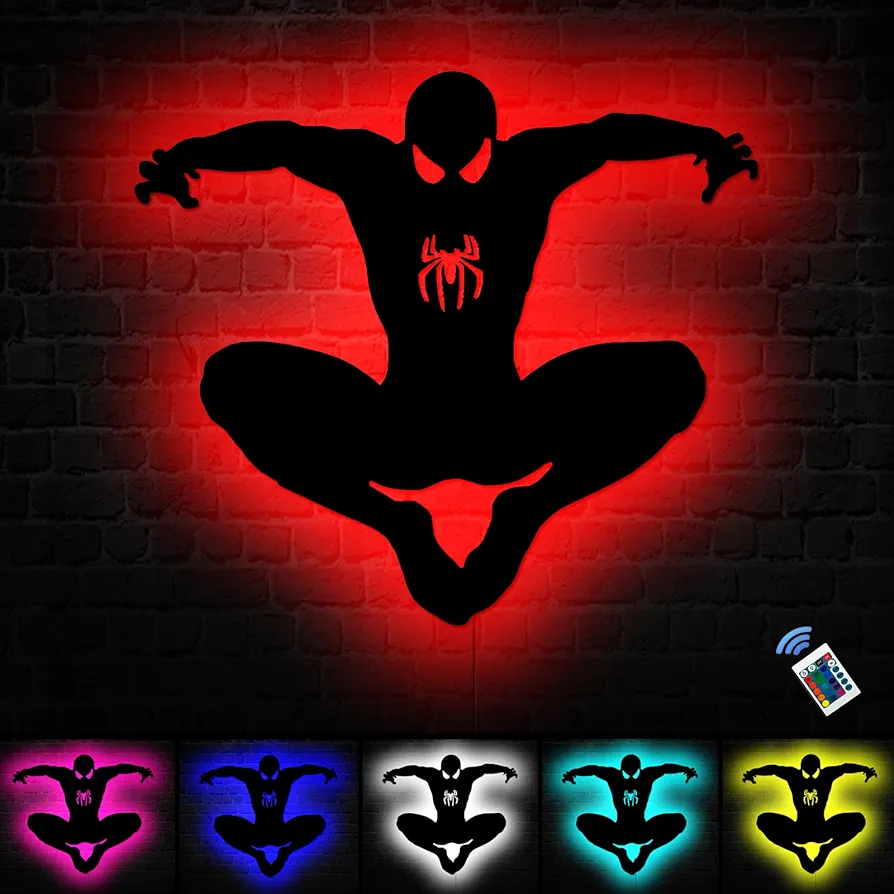 Spiderman Lamp, Spiderman Neon Sign, Spiderman Light, Spiderman Night Light, Spiderman Lamps with Spiderman Stickers for Kids Boys Room Wall Decor 16 Colors Remote Adjustable Lights Gifts