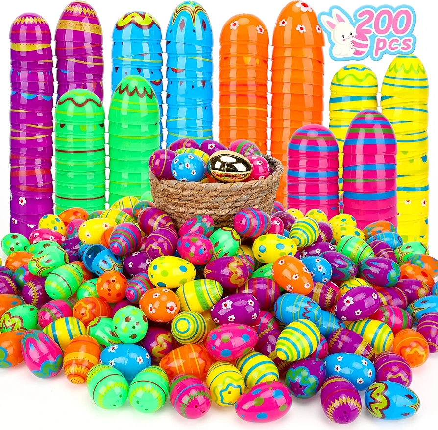 200 Easter Printed Plastic Eggs Basket Stuffer for Easter Egg Hunt Event, Easter Basket Stuffers, Party Favor Goodie Bags, Scene and Decoration, School Parties Prizes, School Classroom Rewards