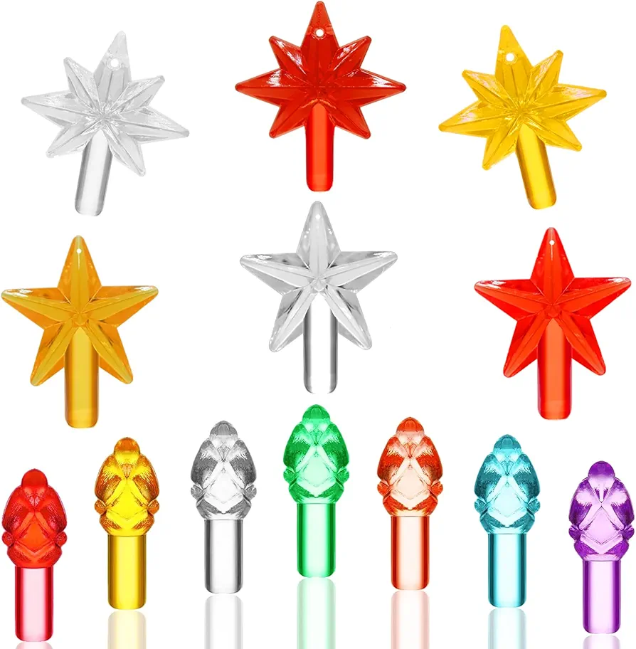 Replacement Lights Bulbs for Ceramic Christmas Tree, 217 PC Mini Twist Light Ornaments for Ceramic Tree, Multicolor Small Flame Pegs Accessories for Crafts, Assorted Colors, 6 Stars Treetops Set