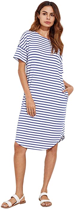 Floerns Women's Short Sleeve Drop Shoulder Pocket Stripe T Shirt Dress