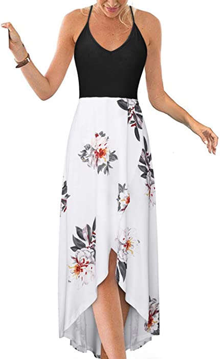 KILIG Women's V Neck Sleeveless Casual Summer Sundresses Asymmetrical Patchwork Floral Maxi Dresses