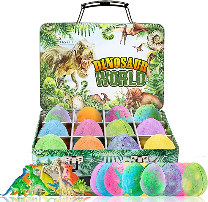 [12 Pack] Fizzykiki XXL Dino Egg Bath Bombs for Kids - Dino Bath Bombs with Metal Storage Box - Make Bath Time Fun with Surprise Dinosaur Bath Bombs - Girls and Boys Bath Bombs with Toys Inside