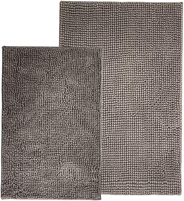 Civkor Bathroom Mat Rug Set 31x20+24x16 Inch, Non Slip Chenille Bath Mats Rugs with Soft & Absorbent, Machine Wash, Shaggy Rug for Kids in Bathroom, Pack of 2, Dark Grey