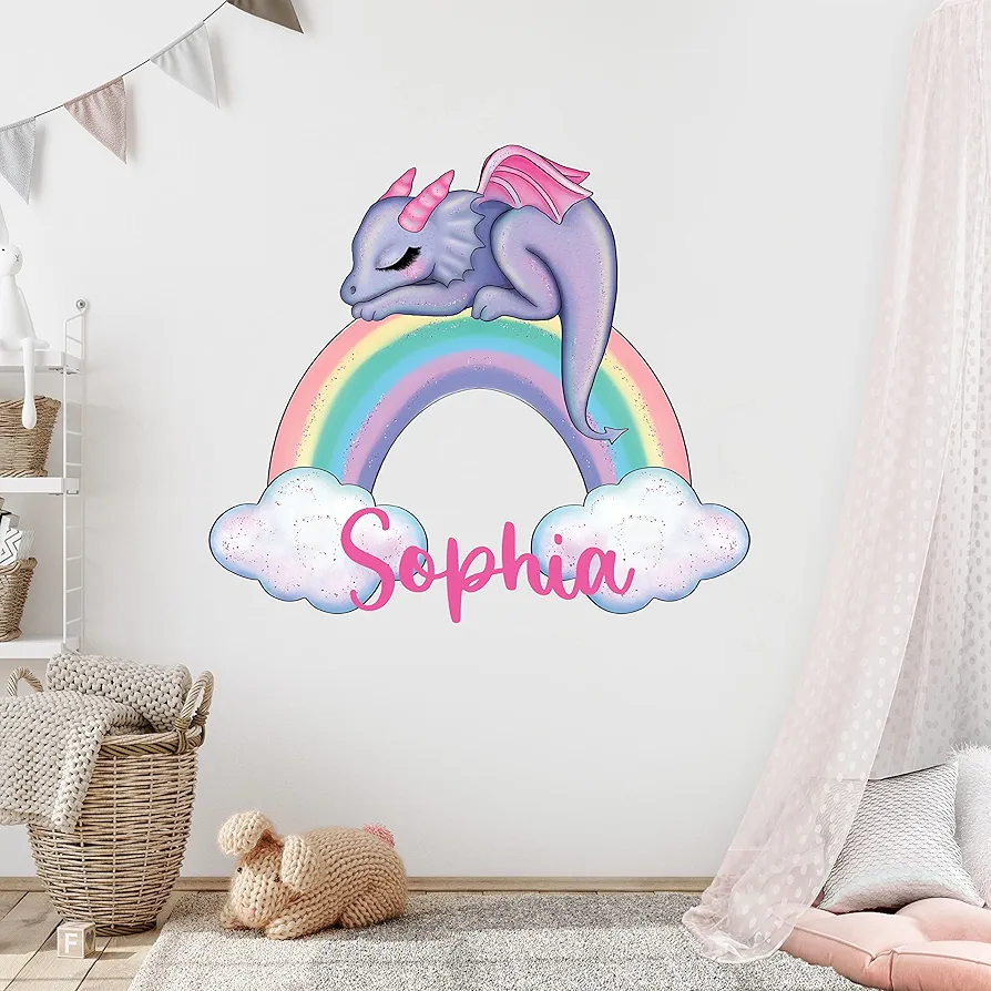 Dragon Wall Decals - Custom Name Wall Decal – Baby Girl Wall Decor - Nursery Wall Decals for Girls - Rainbow Dragon Wall Art