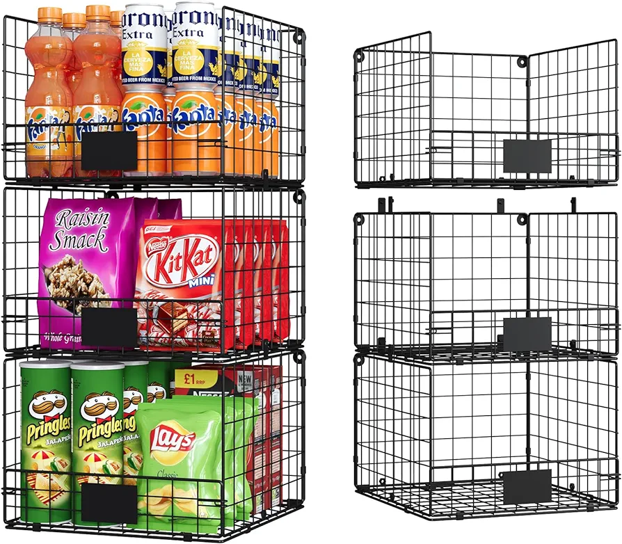 Sonyabecca Stackable Wire Baskets for Pantry Organizer and Storage, Food Packet Storage with Nameplate Toys Organizers for Kid’s Room Metal Pantry Storage Baskets for Snack Cans