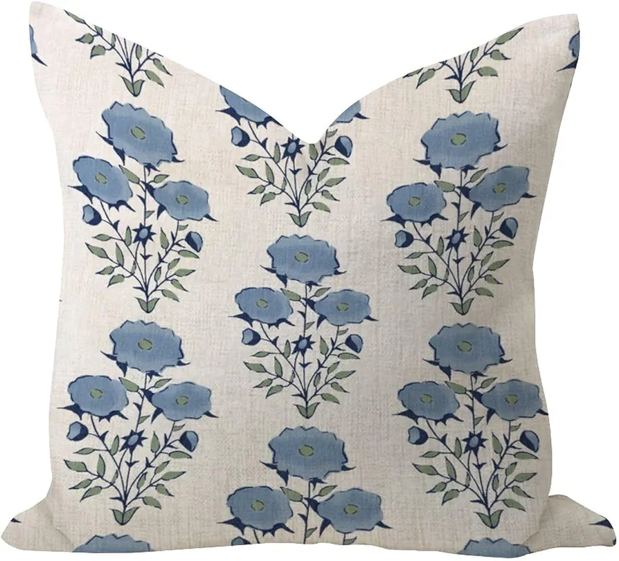 Blue Flower Throw Pillow Covers 22x22in Burlap Linen Elegant Pillow Shell Spring Summer Botanical Floral Square Throw Cushion Case for Sofa Gallery Living Room Bench Home Decor