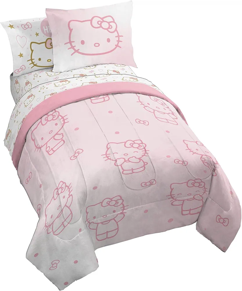 Jay Franco Hello Kitty Twin Comforter Set - 5 Piece Bedding includes Sheet Set & Pillow Covers - Super Soft Pink Bedding