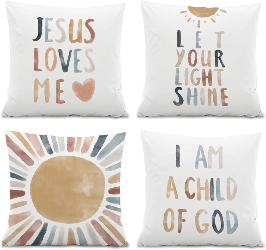 Jesus Loves Me Throw Pillow Covers, Sun Decorate Pillow Covers for Nursery Baby Room Kids Room,Inspirational Bible Verses 18x18 Inch Pillowcase Set of 4