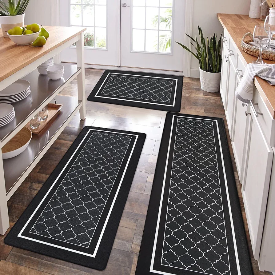 ASPMIZ Modern Kitchen Rug Mat Set of 3 Non Slip, Waterproof Cushioned Anti Fatigue Kitchen Mat Washable Kitchen Floor Mat, Black Kitchen Sink Rug Standing Desk Mat,18" x 30" + 18'' x 48'' + 18''x 60''