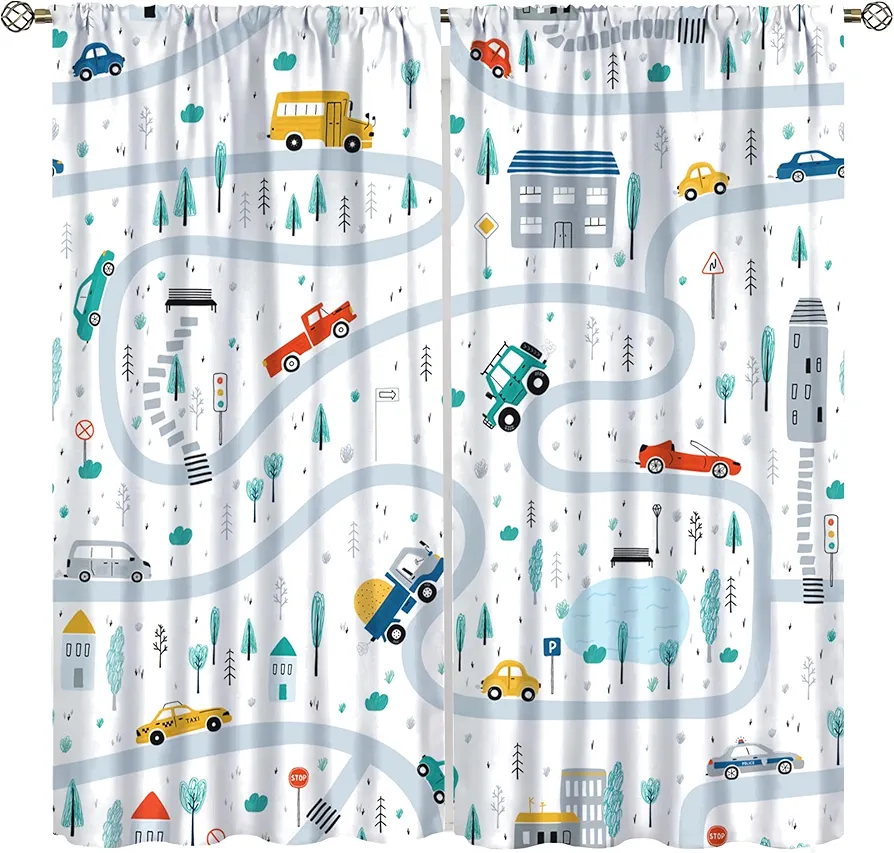 Kids Car Blackout Curtains Boys Girls Bedroom Decor Curtains Cartoon Style Car Woodland Park Printed Playroom Living Room Nursery Blackout Curtains42x45in