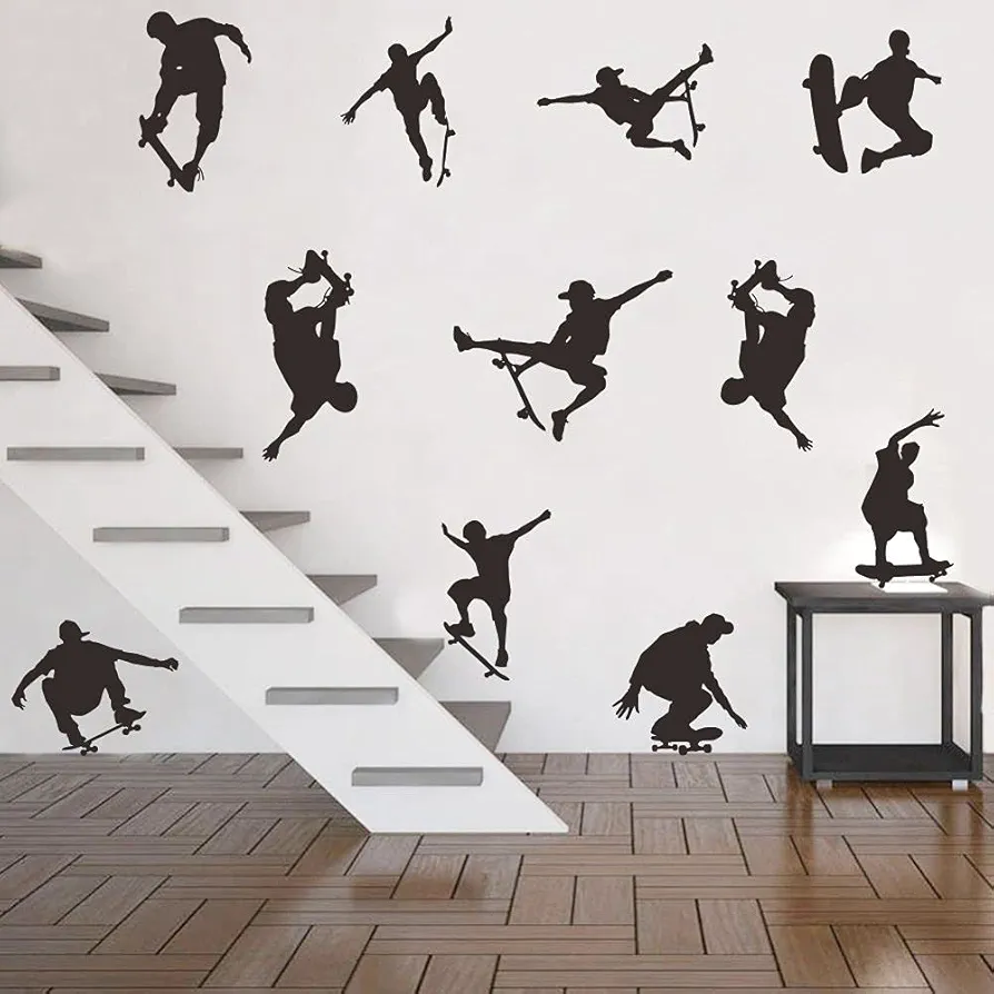 Skateboard Wall Sticker - 11 Different Skaters Silhouettes in Extreme Actions - Removable PVC Vinyl Decals for Sports Youth Room and Bedroom - Skating Wall Art Mural JWH131 (Black)