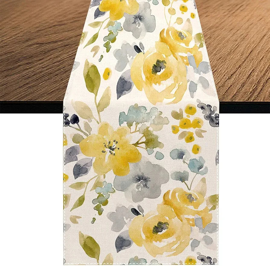 Yellow Floral Table Runner, Seasonal Summer Watercolor Flower Holiday Kitchen Dining Table Decoration for Home Party Decor 13 x 70 Inch