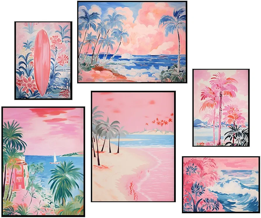 LBARTXY Beach Prints Wall Art Set of 6, Summer Pink Coastal Wall Decor Pictures Beachy Room Decor Aesthetic Preppy Surf Palm Tree Posters for Teen Girls Dorm Decoration, Unframed