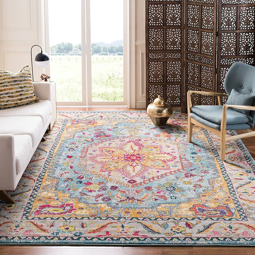 SAFAVIEH Phoenix Collection Area Rug - 8' x 10', Turquoise & Beige, Boho Chic Oriental Medallion Design, Non-Shedding & Easy Care, Ideal for High Traffic Areas in Living Room, Bedroom (PHX153K)