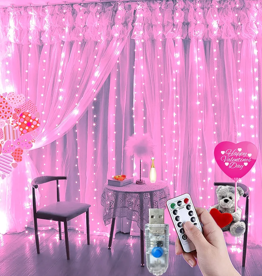 Fairy Curtain String Lights, Room Decor &Ideal Gift for Teens Girl, 8 Modes Wall Lights & Valentine's Day Indoor Decorations (Pink)