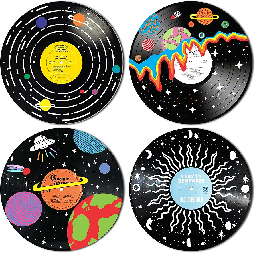 HK Studio Records Hippie Room Decor Aesthetic 12" Pack 4 - Galaxy Astronaut Decor, Dorm Decor, Dark Academia Decor, Album Cover Posters, Cool Stuff for Your Room, Cozy Room Decor, Funky Decor