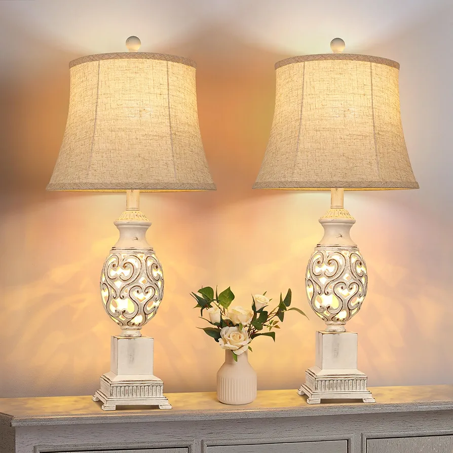 PARTPHONER Table Lamps Set of 2, 28" Tall Bedside Lamp with Nightlight, Rustic Farmhouse Nightstand Lamps with Linen Shades for Living Room Bedroom End Table