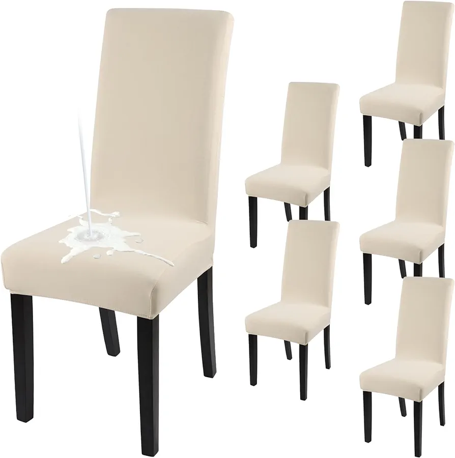 Waterproof Dining Chair Covers, Parsons Chair Slipcover, Super Fit Stretch Kitchen Chairs Slipcovers, Removable Washable Dining Room Chairs Seat Slipcover (6 Pack, Waterproof Cream-coloured)