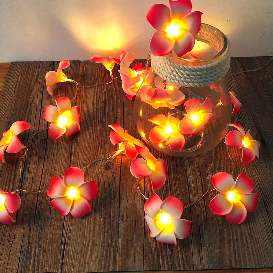 AceList Frangipani 20 LED String Light Hawaiian Foam Artificial Plumeria Pink Flower Battery Powered Fairy Starry Lights for Wedding Beach Party