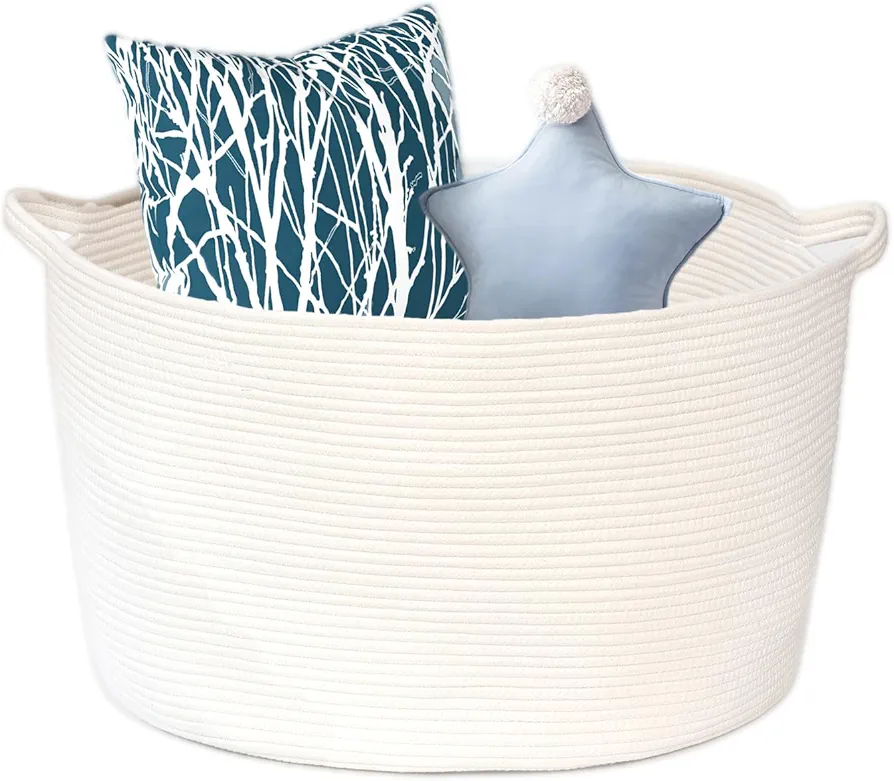 Extra Large Blanket Basket23.5"x23.5"x14"-Cotton Rope Blanket Basket Living Room,Woven Basket for Storage Dirty Clothes Basket for Laundry,Toy Storage Bin,Toy Organizing With Handle (White)