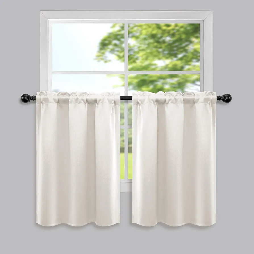 Cream White Short Curtains 30 Inch Length for Kitchen Pack 2 Panel Rod Pocket Blackout Cafe Curtain Tier Thermal Insulated Room Darkening Light Cold Blocking Small Curtains for Bedroom RV Window Beige