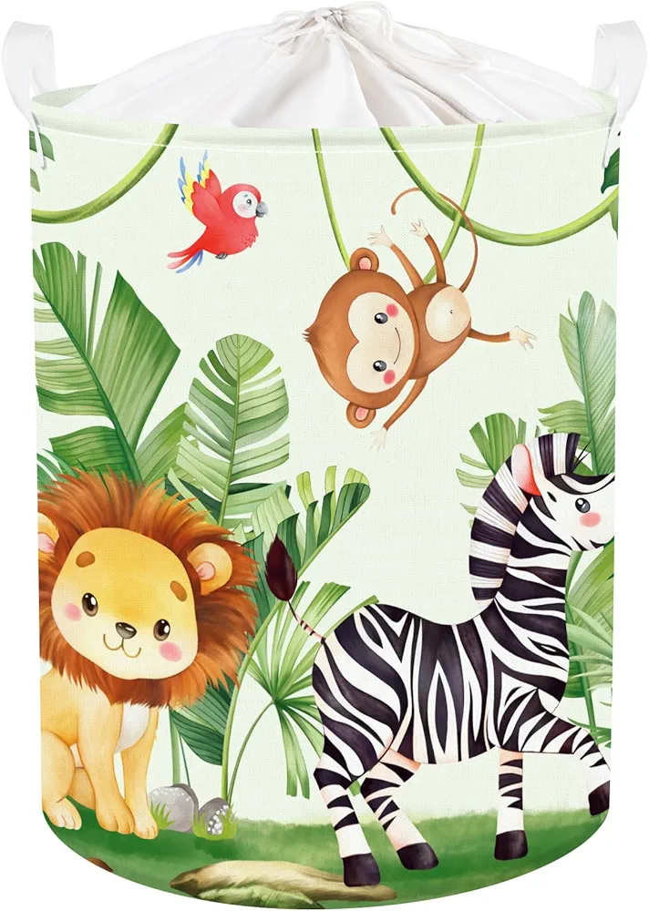 Clastyle 45L Green Tropic Jungle Animal Laundry Hamper for Boy Girl Lion Zebra Monkey Round Toy Clothes Storage Basket for Nursery Room, 14.2x17.7 in