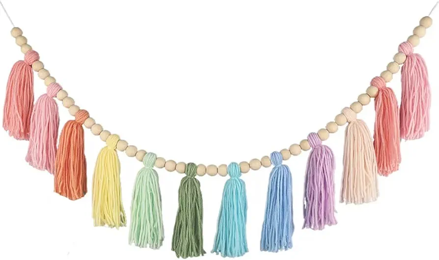 Colorful Tassel Garland Boho Tassel Garland with Wood Beads Wall Hangings Decor for Kids Bedroom/Nursery Party/Holiday Classroom/Baby Shower/Girls Room Decoration