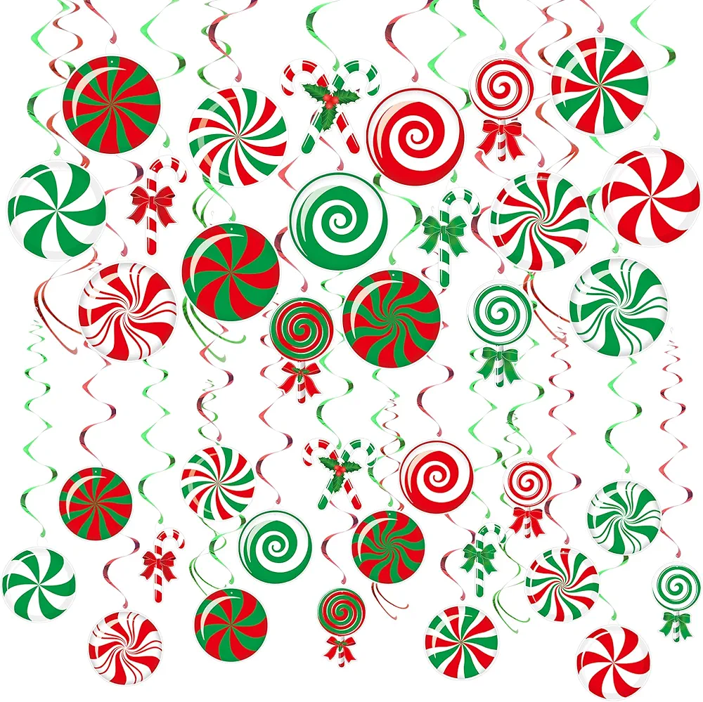 42 Pcs Christmas Hanging Swirls Decorations Christmas Candy Hanging Ceiling Streamers Garland Red Green Swirl Decor Ornaments for Winter Christmas Tree Decor Holiday Party Classroom Home Decoration