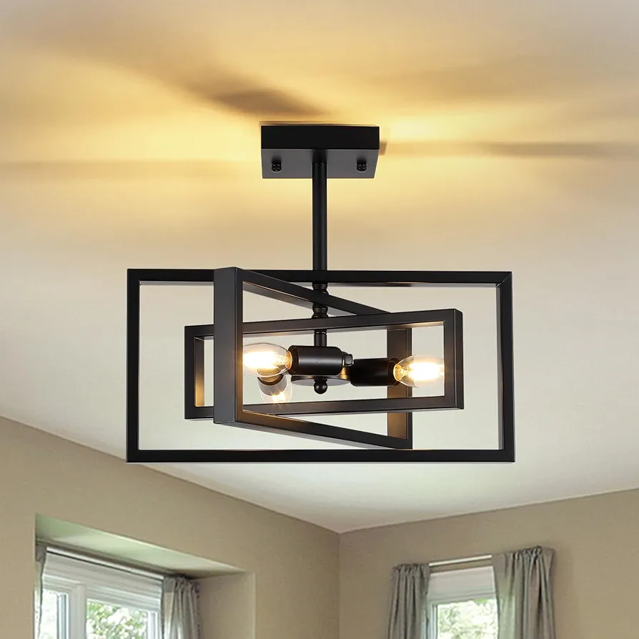 3-Lights Industrial Rectangle Semi Flush Mount Light Fixture,Black Vintage Ceiling Light Fixtures with Metal Square Frame Modern Chandelier for Kitchen Living Room Bedroom Hallway Entryway