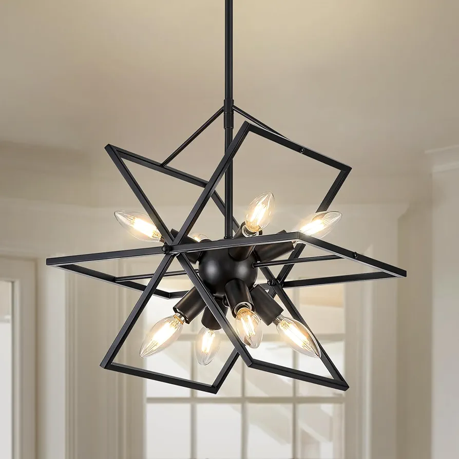 Modern Small Black Chandelier, Industrial Metal Dining Room Pendant Light Fixture, 8-Light Geometric Lantern Hanging Lighting Fixtures for Kitchen, Entryway, Foyer