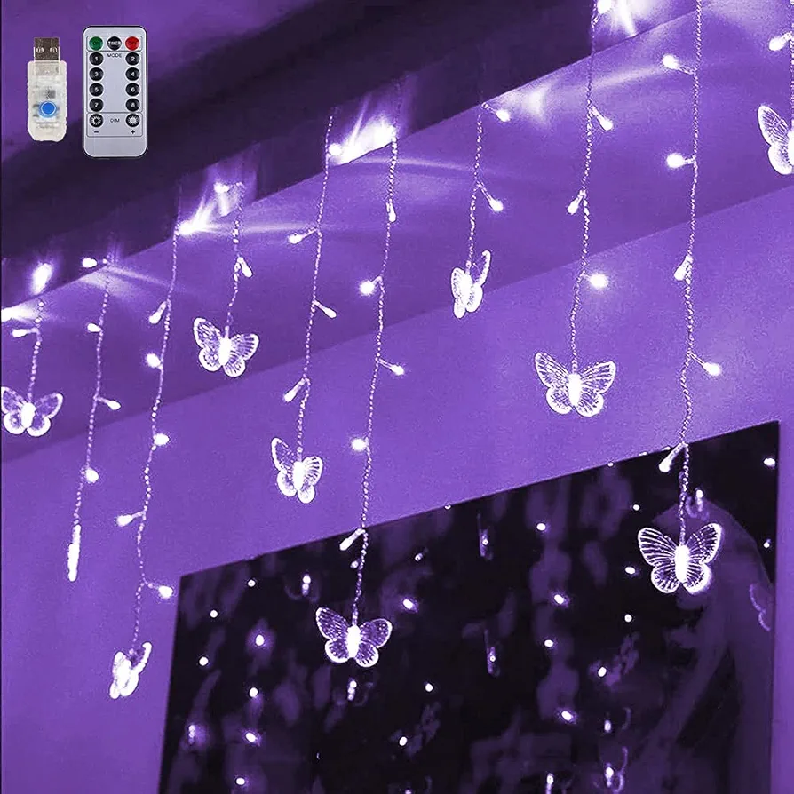 Butterfly Curtain Lights 120 LED 19.7FT USB Powered 8 Modes Remote Window Curtain Lights with 24 Butterflies Waterproof Twinkle Lights for Bedroom Christmas Holiday Party Decoration (Purple)