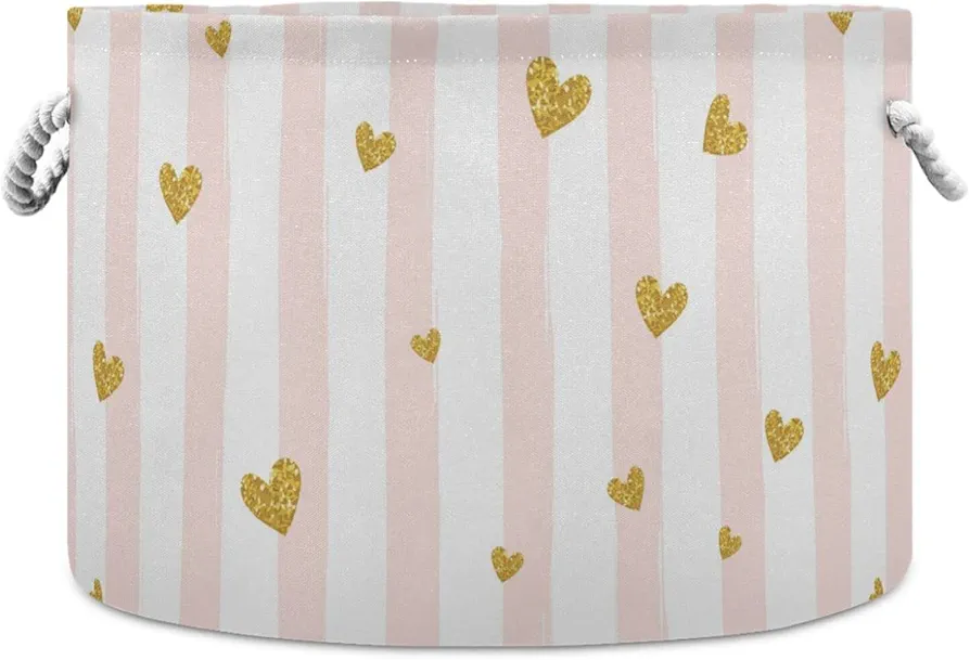 Gold Glittering Heart Pink on White Stripes Background Round Storage Basket Waterproof Print Collapsible Fabric Cube with Cotton Rope Handles Laundry Bag Organizer Toys Clothes for Room