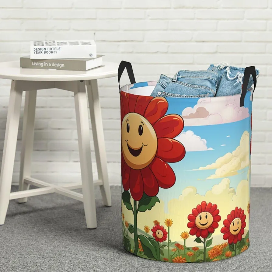 Laundry Basket Waterproof Laundry Hamper With Handles Dirty Clothes Organizer Cartoon Red Sunflower Sun Print Protable Foldable Storage Bin Bag For Living Room Bedroom Playroom, Small, Black