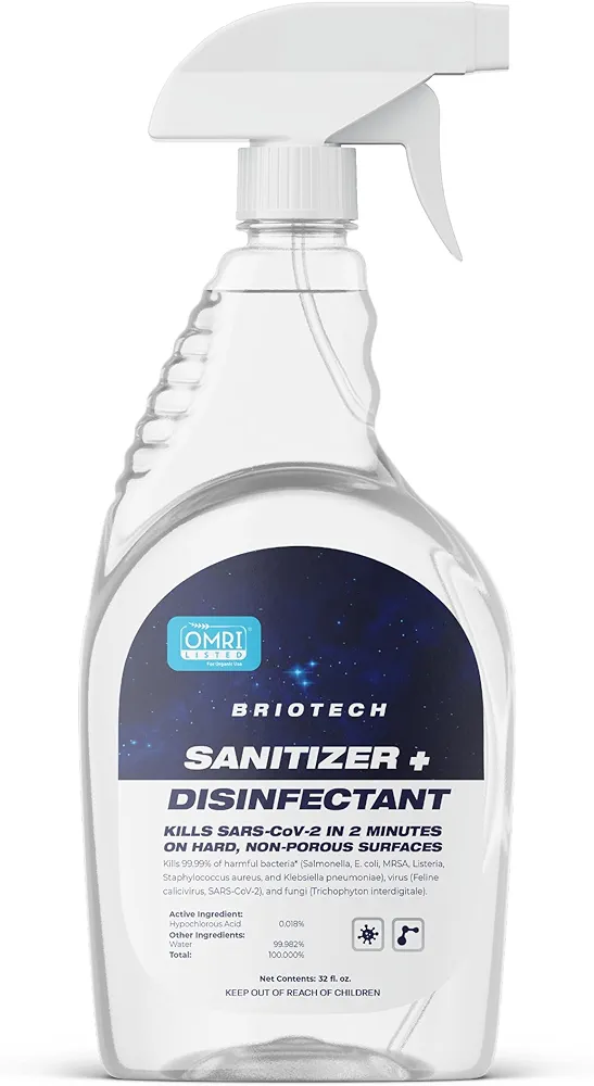 BRIOTECH Sanitizer Disinfectant Hypochlorous Spray, Kills 99.99% of Viruses & Bacteria, Eliminate Odor, Gentle for Nurseries & Play Rooms, Rinse Free Food Contact Surface Sanitizer, 32 fl oz