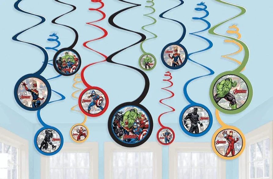 Marvel Avengers Powers Unite Spiral Decorations, 5" - 12 Count - Colorful Hanging Party Decor for Superhero Fans