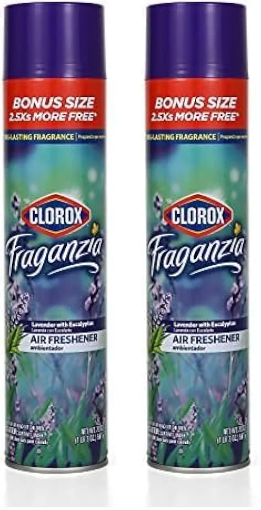 Clorox Fraganzia Aerosol Air Freshener in Lavender with Eucalyptus Scent | Long-Lasting Air Freshener Spray | 20 Oz Bonus Size | Room Air Freshener | Lavender Spray, Odor Eliminator (Pack of 2)